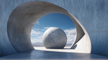 Future-inspired concrete pavilion with a large sphere intersecting an angular archway