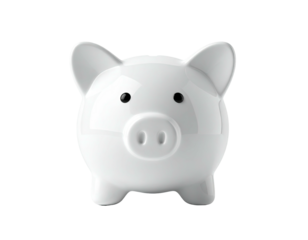 Shiny, pristine white ceramic piggy bank on a solid black background