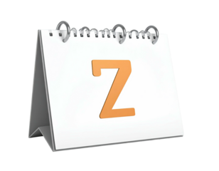 A 3D rendering of a white desk calendar, displaying the letter "Z.