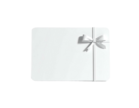 A white rectangular gift card with rounded corners, tied with a white ribbon bow