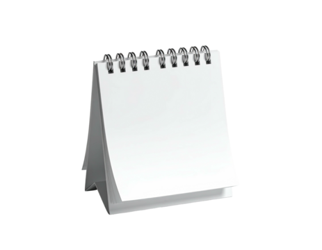 A blank white desk calendar on a black background, spiral bound