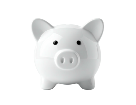 Shiny, pristine white ceramic piggy bank on a solid black background