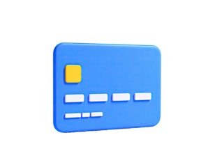 A 3D blue credit card with a yellow square and white rectangles on black