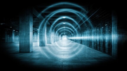 Digital Data Center Corridor with Light and Network Visualization