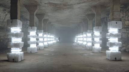 Person walking through illuminated industrial tunnel with bright lights