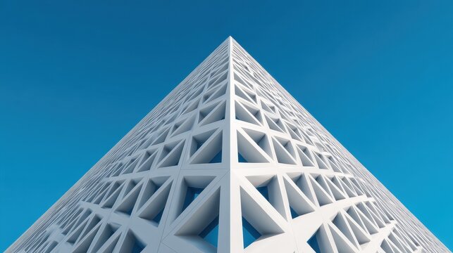 Striking white building with intricate triangular geometric facade against blue sky