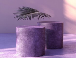 Two purple cylinders display with leaf, soft shadows