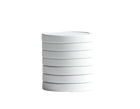 A stack of seven white, round, and identical objects, on a black background
