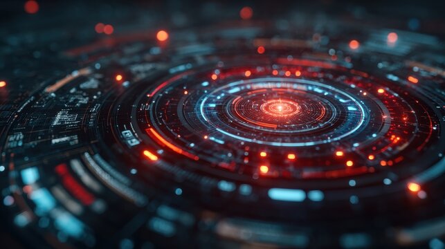 Glowing blue and red circles create a mesmerizing pattern, resembling a digital interface set in a futuristic space. The design showcases intricate details and light effects. - Powered by Adobe