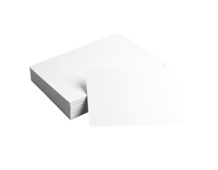 A stack of white rectangular cards, with one card slightly angled