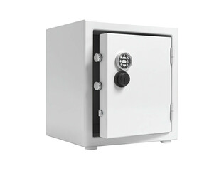 A white, open safe isolated on a black background; security and protection