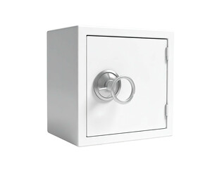 Square, white safe with a circular handle on the door against a black bg