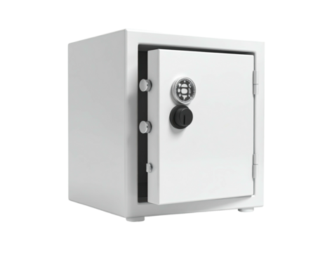 A white, open safe isolated on a black background; security and protection