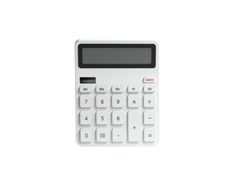 Overhead shot of a white calculator with buttons against a stark black background