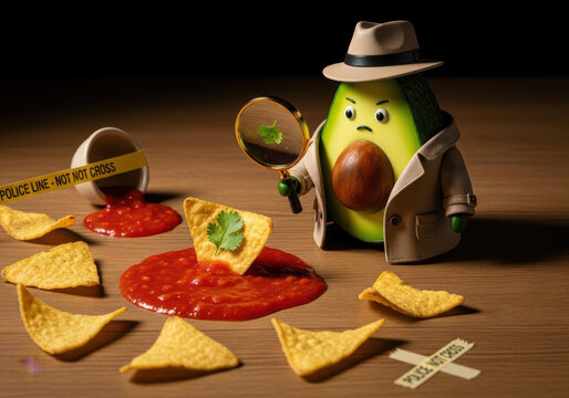 A detective avocado character investigating a crime scene with a magnifying glass, surrounded by tortilla chips and salsa