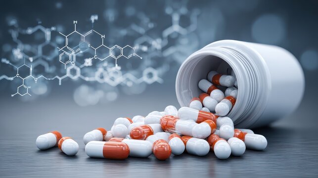 Pills spilling from a bottle with chemical structures in the background