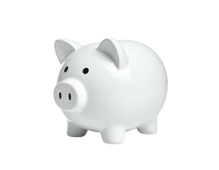 A clean, glossy, white ceramic piggy bank sits isolated on a black background