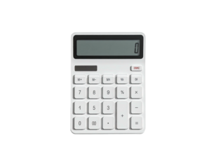 Isolated top-down shot of a white calculator on a stark black background