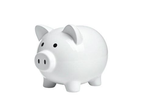 A clean, glossy, white ceramic piggy bank sits isolated on a black background