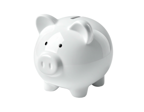 A glossy white ceramic piggy bank, slightly angled, against a transparent background