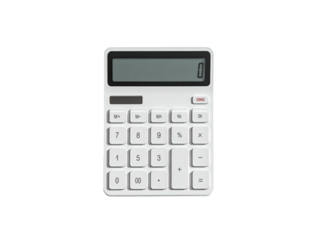 Isolated top-down shot of a white calculator on a stark black background