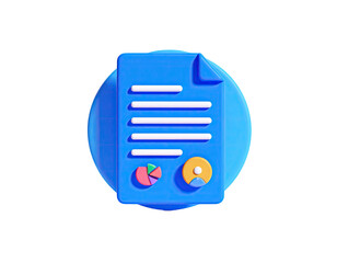 3D illustration of a blue document with charts, sitting on a circle