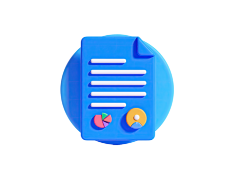 3D illustration of a blue document with charts, sitting on a circle - Powered by Adobe