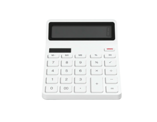 A sleek, minimalist white calculator, isolated against a solid black backdrop