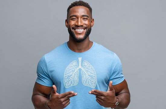a happy man in a blue t-shirt with an illustration of lungs on it, standing and holding his hands at chest level, against a white background - Powered by Adobe