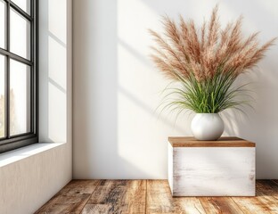 Corner sunlit room, plant in white vase on small wood block