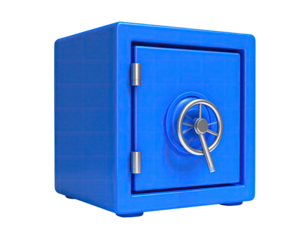 Isolated, blue steel safe with dial and handle, against a black background