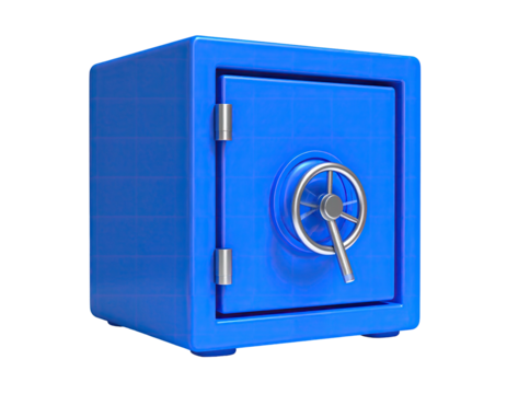 Isolated, blue steel safe with dial and handle, against a black background