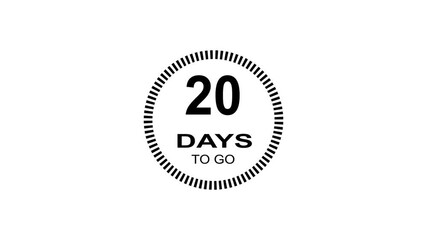 20 days to go,20 days count animation, motion graphics running numbers counting days, 20 days in a month, 20 days left, 4K HD video with white background alpha channel