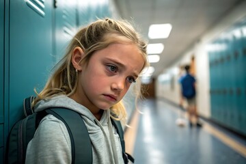 Fototapeta premium Lonely Young Girl With Backpack Standing in School Corridor Looking Worried and Reflective Moment