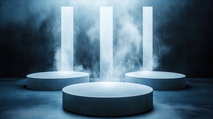 Digital platform stage with bright illumination and smoky background
