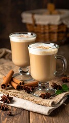 Two glasses of latte with cinnamon and star anise