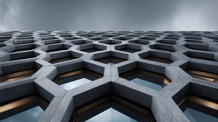 Modern Honeycomb Pattern Concrete Facade with Geometric Windows Against Sky