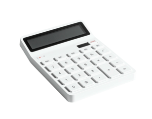 A white, sleek electronic calculator on a transparent background