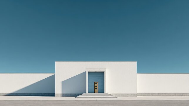 Minimalist white building exterior with blue door and steps under clear sky