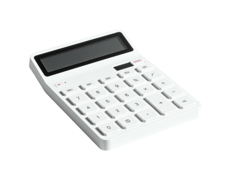 A white, sleek electronic calculator on a transparent background - Powered by Adobe