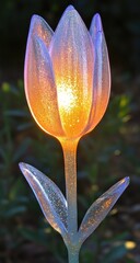 Glowing tulip, frosted petals, warm light inside