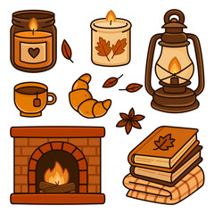 Cozy Autumn Vector Set. Steaming tea, vintage lanterns, candles, books, and a crackling fireplace. Aesthetic with bold outlines and earthy tones. 