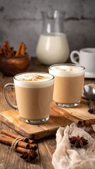 Two glasses of warm, frothy coffee drinks sit on a wooden surface, surrounded by cinnamon sticks and star anise