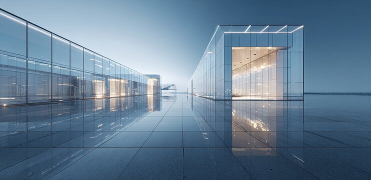 Modern glass building facade with reflective plaza at twilight. - Powered by Adobe