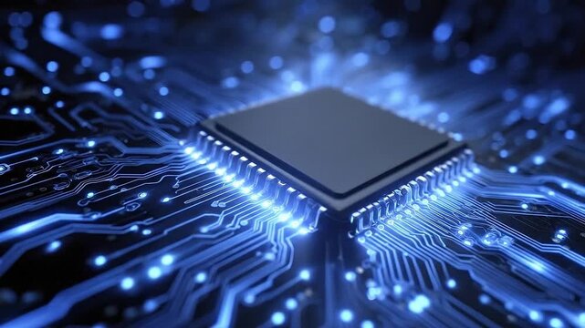 Closeup of a glowing blue computer chip with intricate circuit patterns and a central processor unit