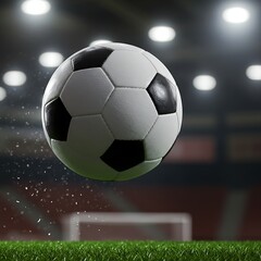 Naklejka premium Dynamic professional football action with a classic ball against a blurred stadium goal backdrop.