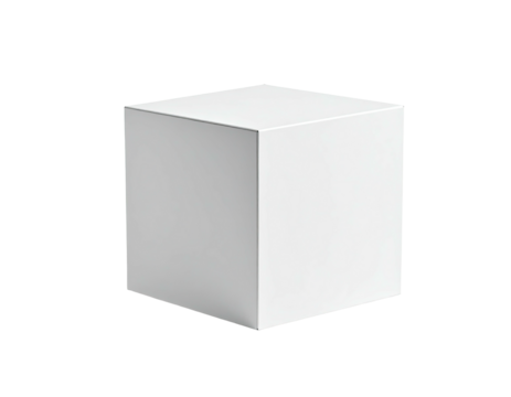 Isolated, simple, bright white cube floating on a dark, transparent background