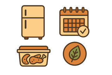 Food storage and meal planning icons with refrigerator, calendar, and healthy eating symbols