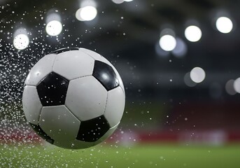 Naklejka premium Athletic competition focus on a traditional black and white soccer ball with flying grass and dark stadium seats.