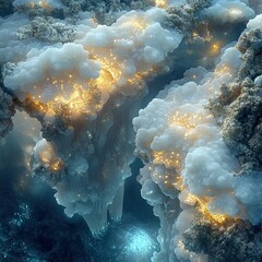 Golden light leaks from puffy cloud clusters above dark abyss